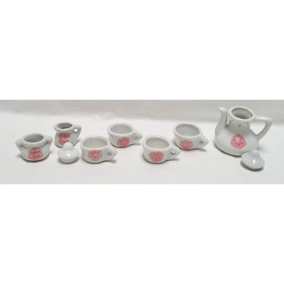 Vintage 1990s Miniature Dollhouse Porcelain 14 Piece Tea Set Pink Floral Design - Picture 5 of 8